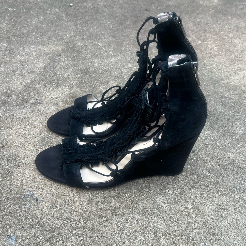 Jessica Simpson Black Fringe Lace-Up Wedges